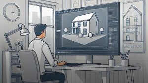 An animator working on architectural rendering